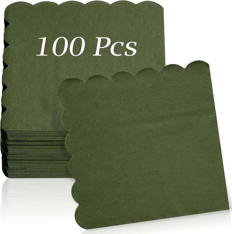 Hoiny 100 Pcs Cocktail Napkins, 2-Ply 5 x 5 Inches Disposable Scalloped Napkins, Thick Premium Dessert Napkins for Party, Wedding, Dinner, Birthday, Anniversary, Festival (Green) - Image 1